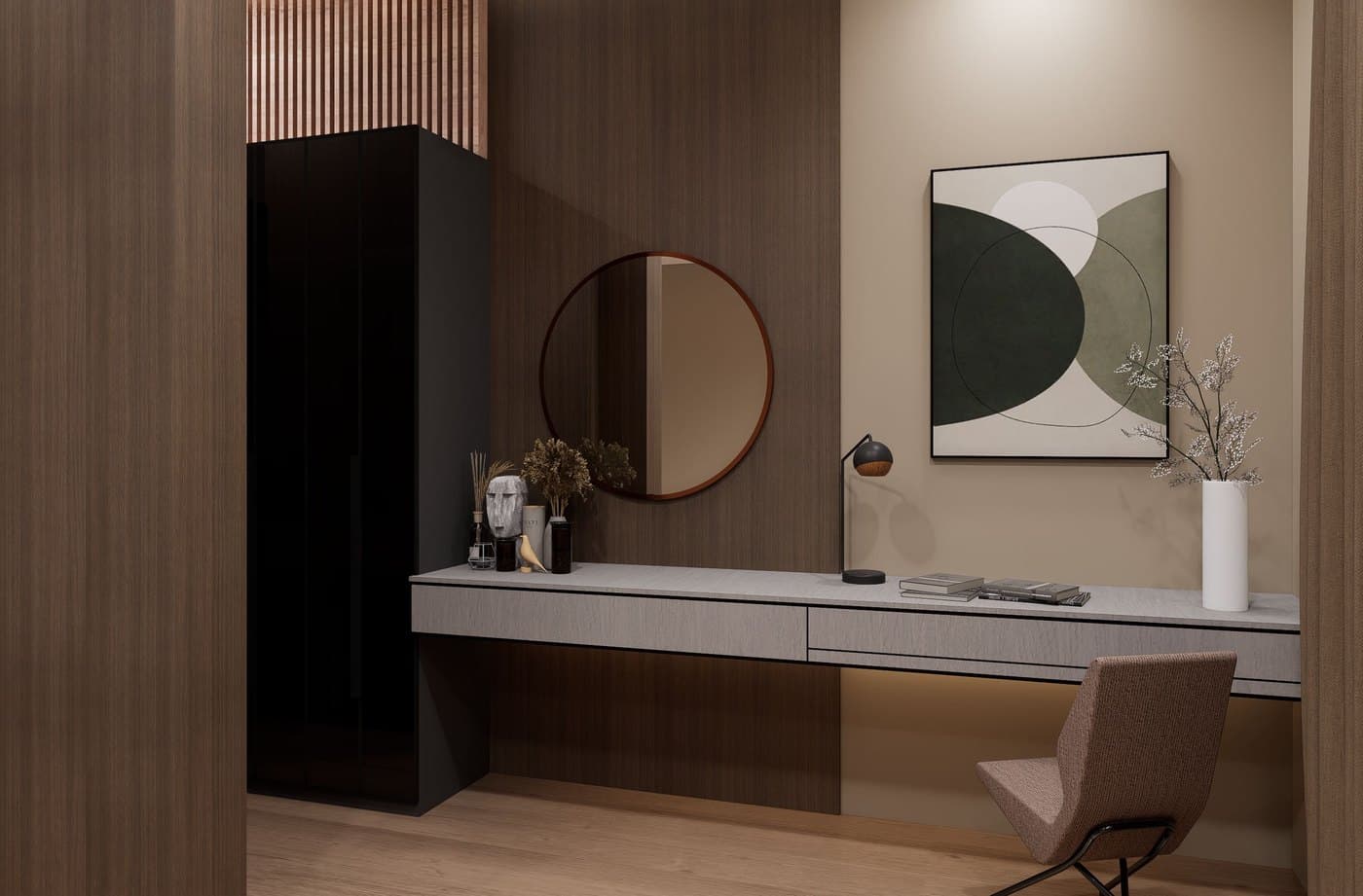 Walnut console with a round mirror, framed abstract art and a brass desk lamp