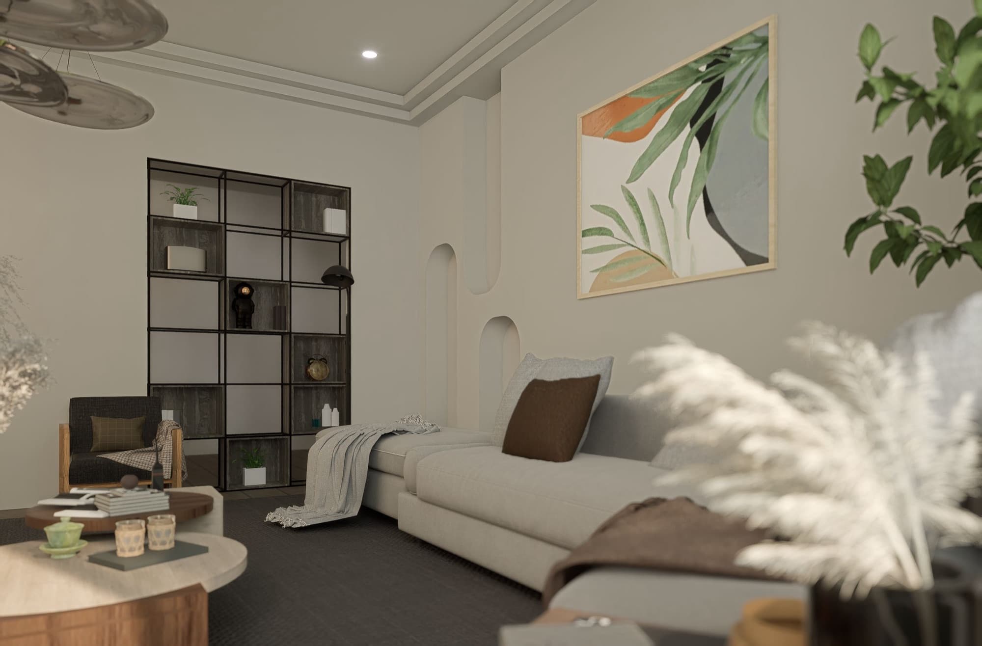 Pale sectional against arched wall recesses, black shelving and planting alongside