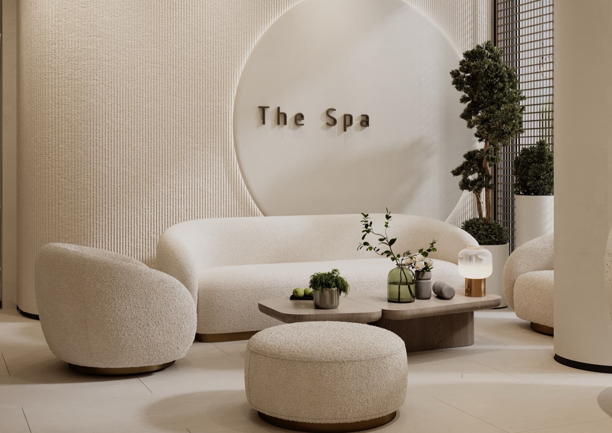 Bouclé sofa and swivel chairs before a circular plaster niche, ribbed walls and clipped topiary