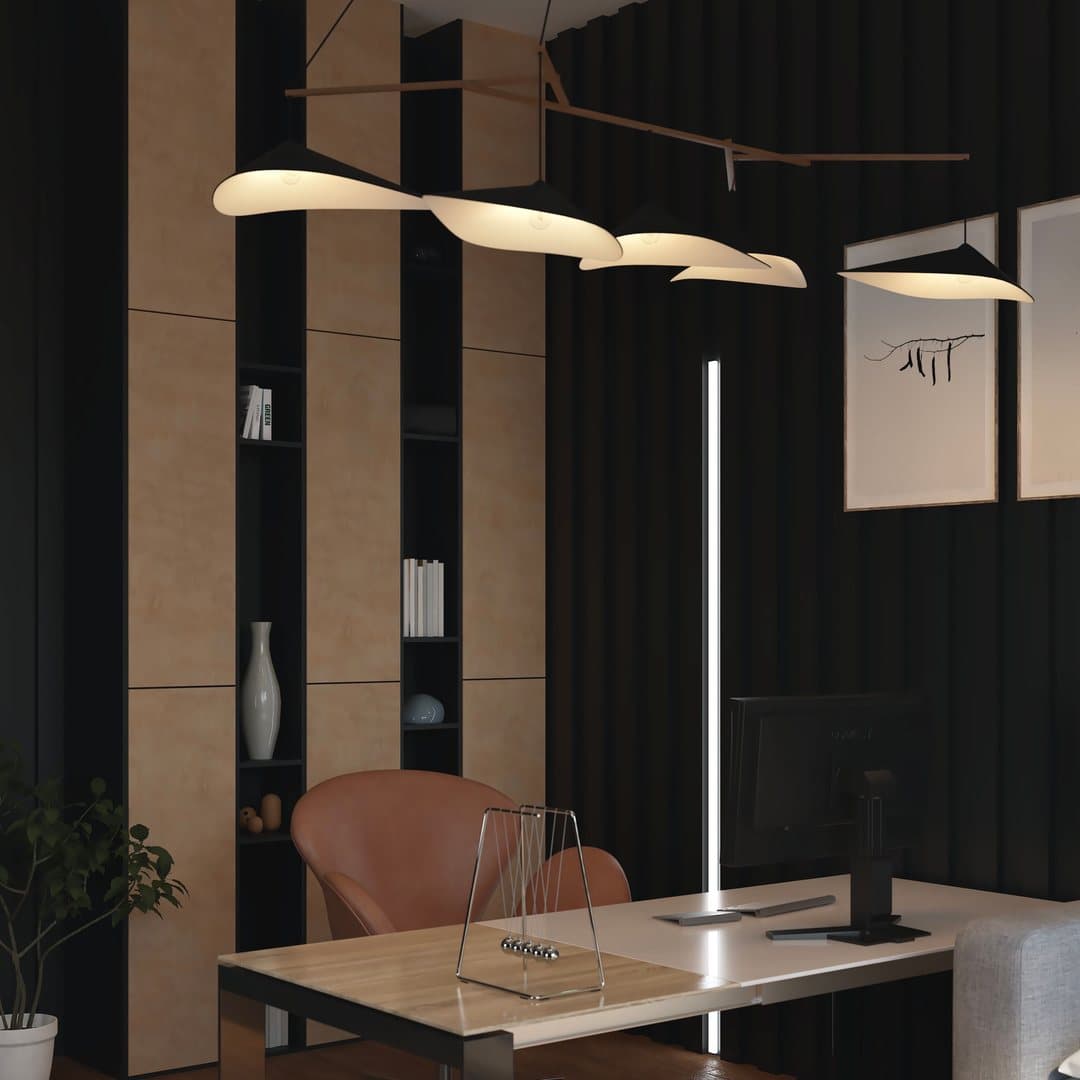 Private office in fluted black and birch, under sculptural pendants
