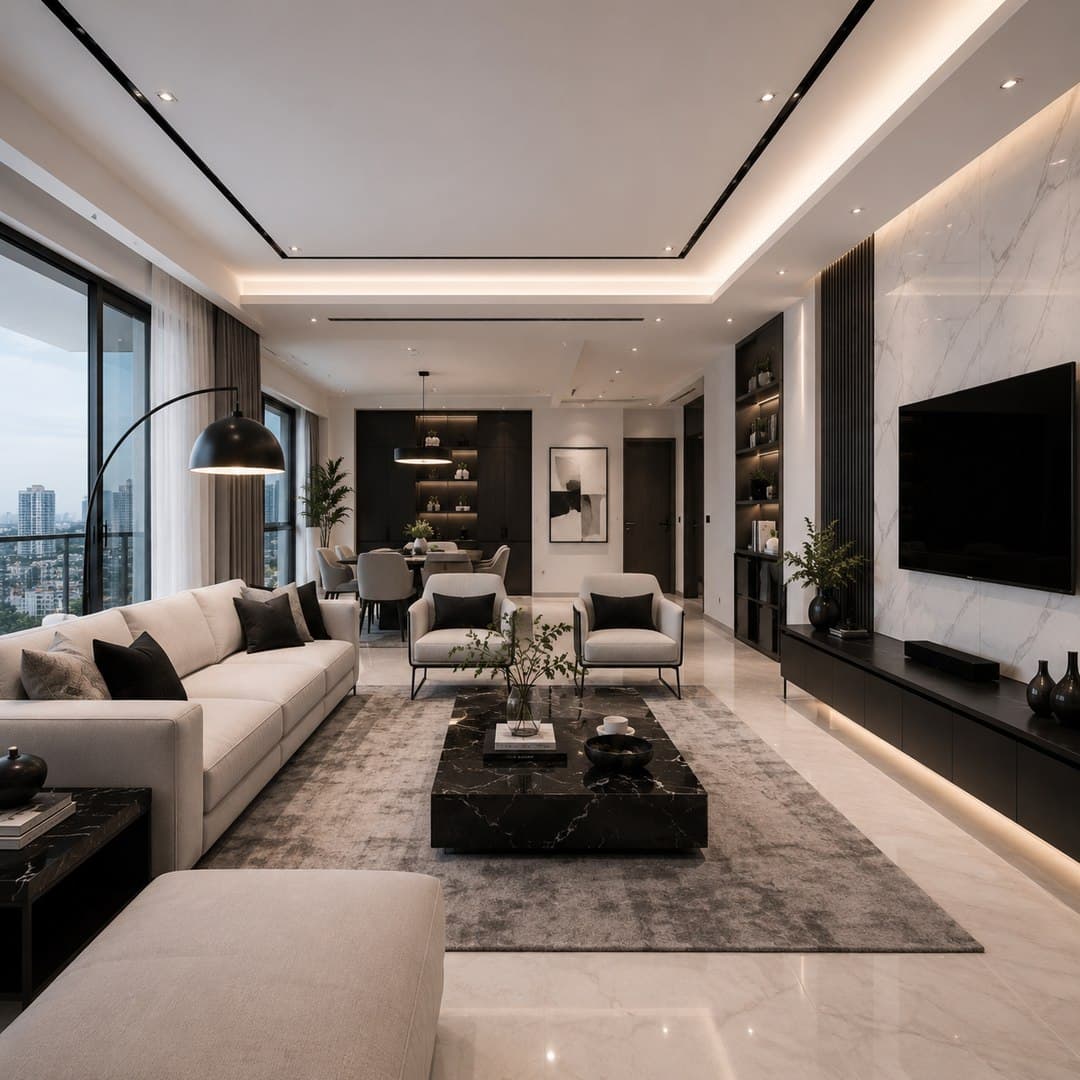 Cream sectionals and a black marble table facing a lit marble media wall