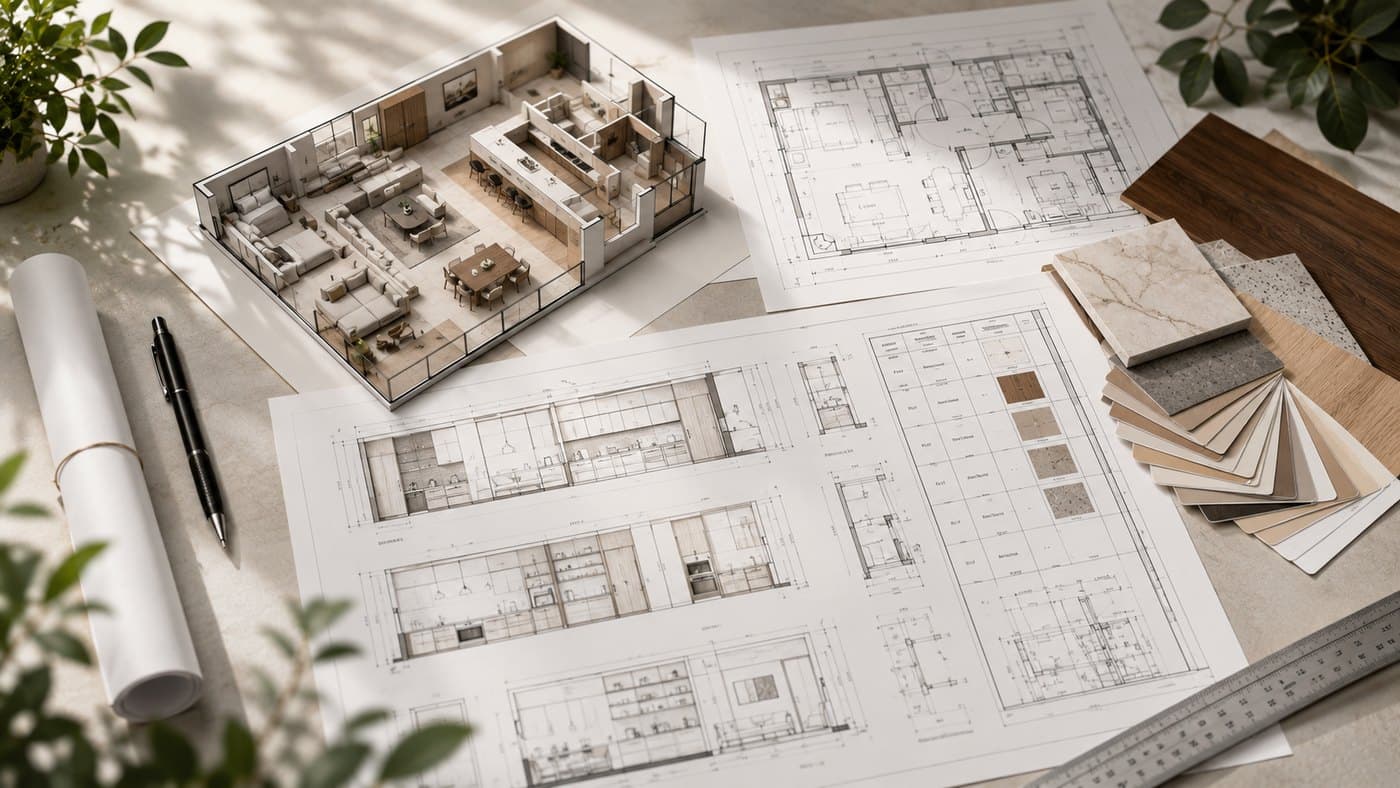 Floor plans, a sectioned model and timber and stone samples laid out on a desk