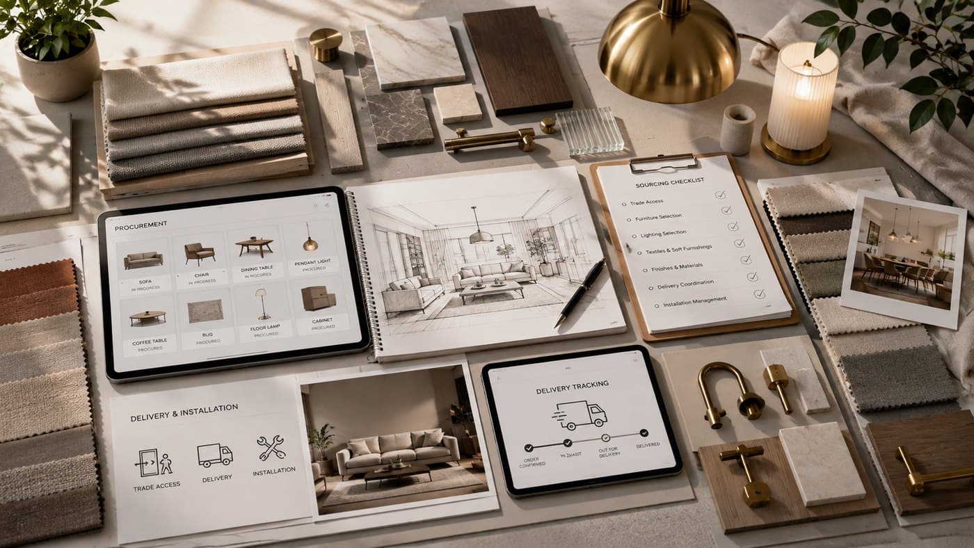 Fabric and timber samples, a tablet of furniture selections and a delivery tracker laid out