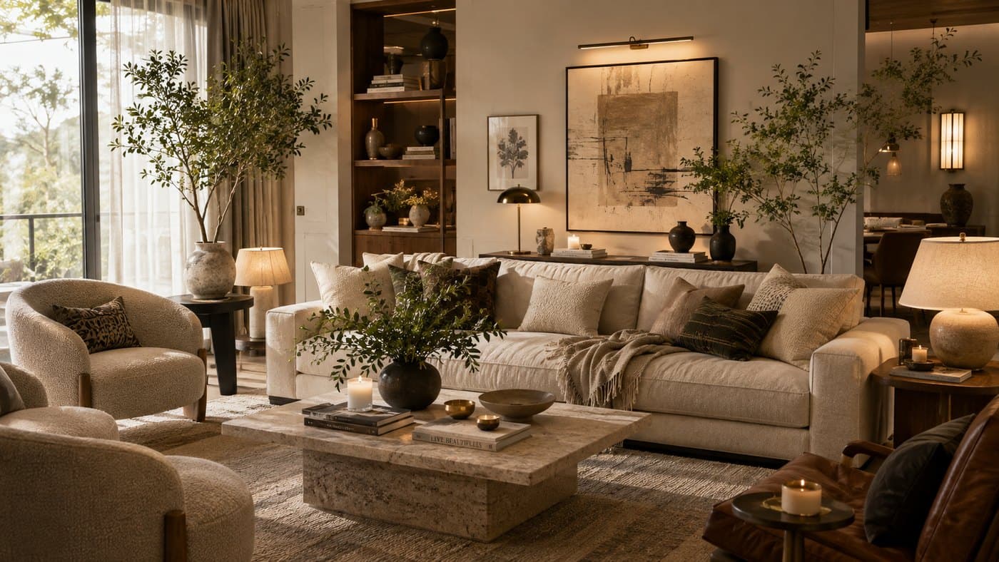 Finished living room dressed with art, ceramics, layered textiles and lit candles
