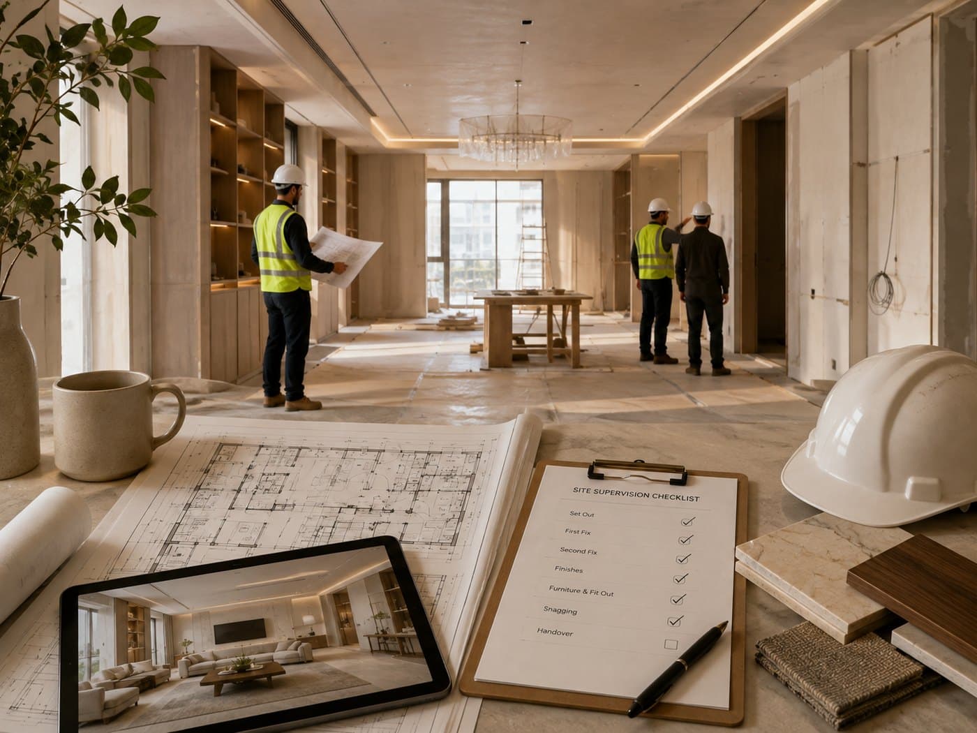 Site walk in a part-finished interior, hard hats and a site supervision checklist in the foreground